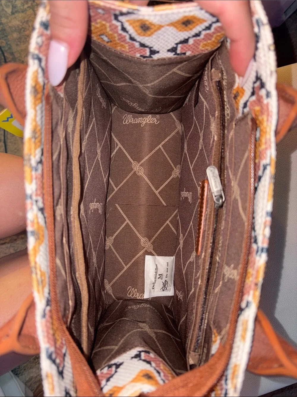 Wrangler Canvas Tote with Geometric Embroidery in Beige, Brown & Mustard